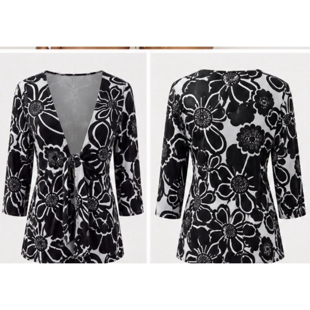 Cabi Womens Tie-Front Cardigan Top MOD Flower Print Earthy Large Brown Layering